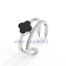 Certified natural A-grade black jadeite Double ring flower 925silver inlaid ring