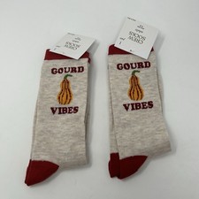 NWT 2 Pairs Gourd Vibes Crew Socks Adults 6-12 Thanksgiving Fall Beige Red