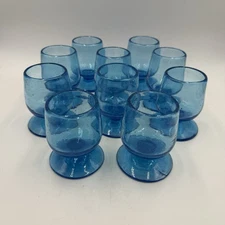 Set Of 10 Hand Blown Small Glasses Goblet Cordial Cocktail Teal Glass 3.75” Tall