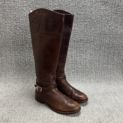 Tory Burch Brown Leather Tall Riding Boots Logo Medallion Womens Size 7M