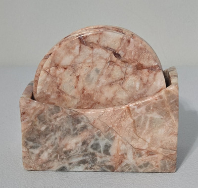 Round Marbled Stone/Marble Coaster Set w/ Holder Rack, Pink/White/Gray, 7pc
