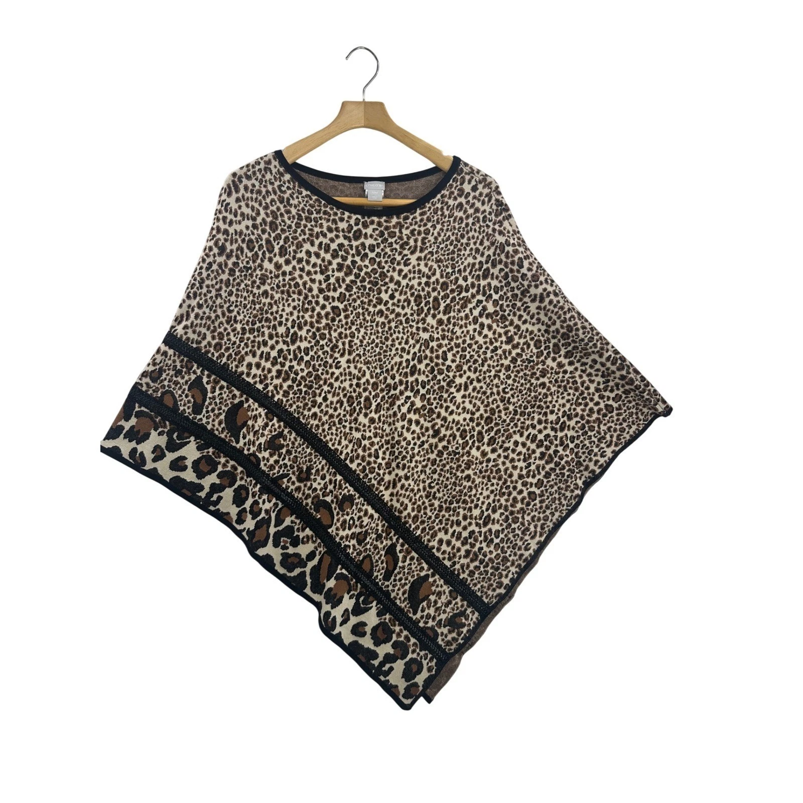 Chicos S M Leopard Print Poncho Sweater Knit Tassel Trim