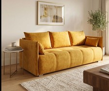 3 Seater Sofa Bed settee with Storage in Soft Yellow Fabric Modern Desigh