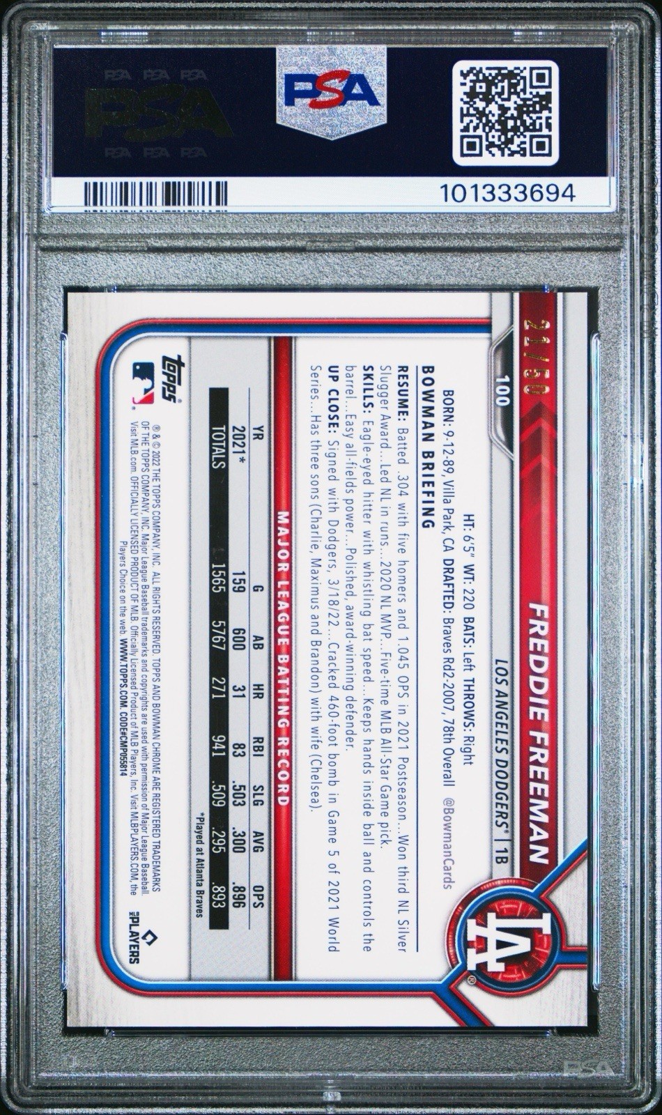 2022 Bowman Chrome Freddie Freeman True Gold Refractor /50 Dodgers PSA 9 view 2