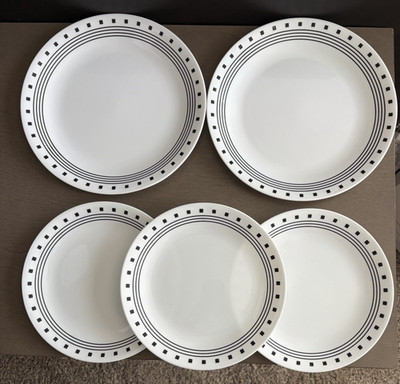Corning CORELLE City Block Dinner Plates/ Salad Plate White w Black Rings Square