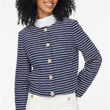 J.Crew Factory Tweed Lady Jacket Navy Ivory Striped Gold Buttons 8 Old Money