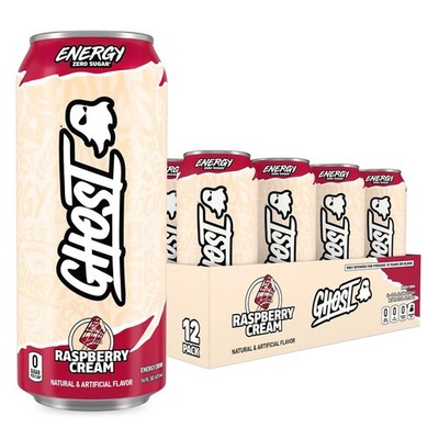 GHOST Energy Drink - 12-Pack, Raspberry Cream, 16oz Cans - Energy & Focus & No A