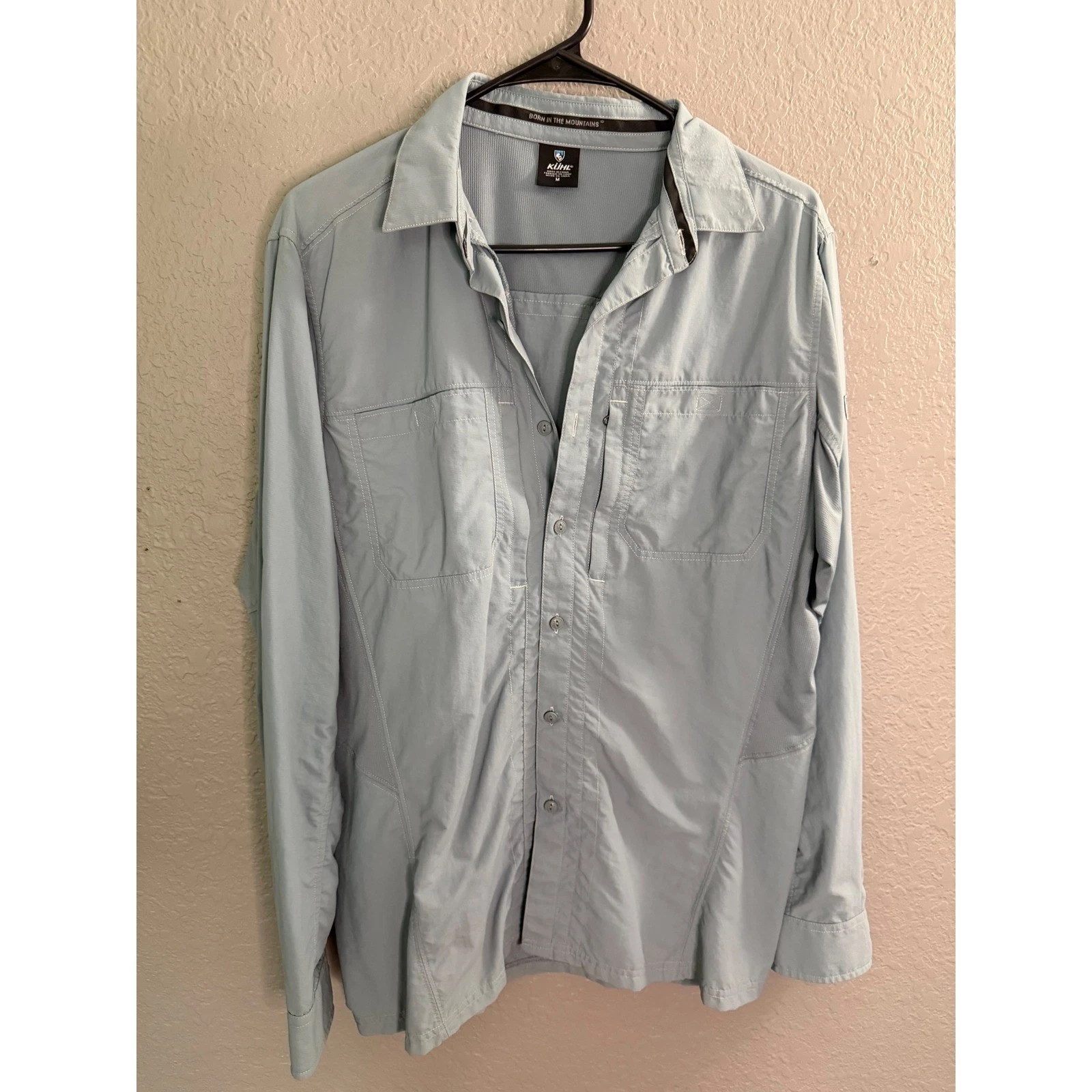 Kuhl Mens Shirt MED Long Sleeve Button Down Hiking Gray Blue Roll Up Sleeve