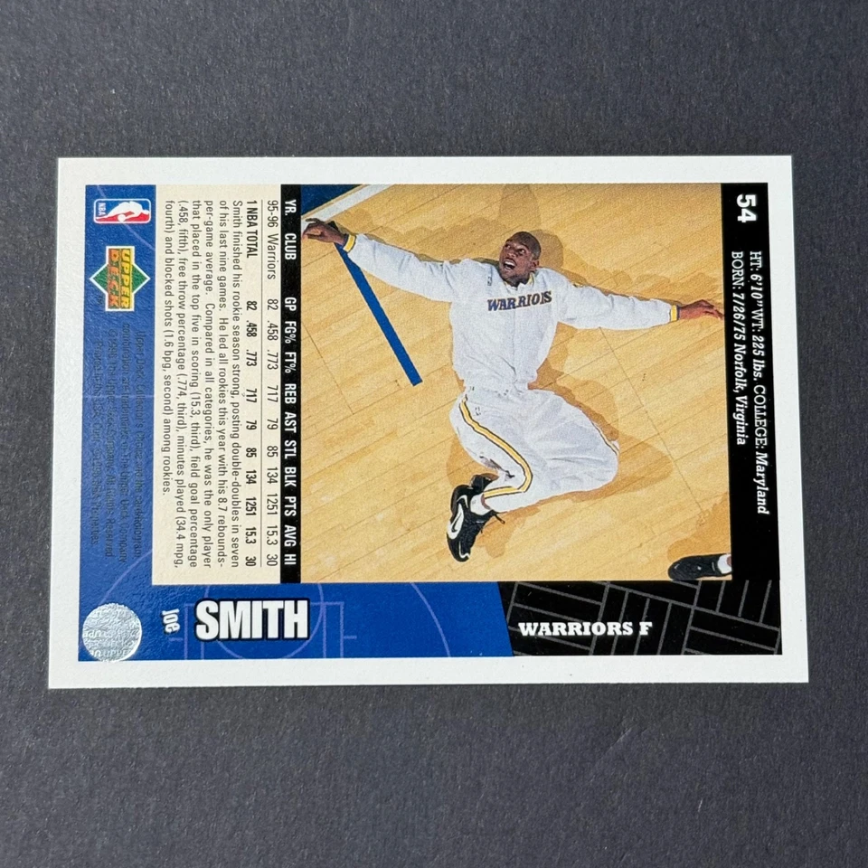 1996-97 Upper Deck Collector's Choice #54 Joe Smith Warriors Basketball Card - Image 2 of 2