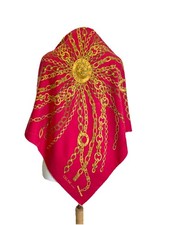 AS4 Celine Paris Silk Scarf Red Gold Chain Medallion Logo Italy Square