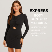 NWOT Express Body Contour Black Mini Dress XS Ruched Cutout Long Sleeve Sexy