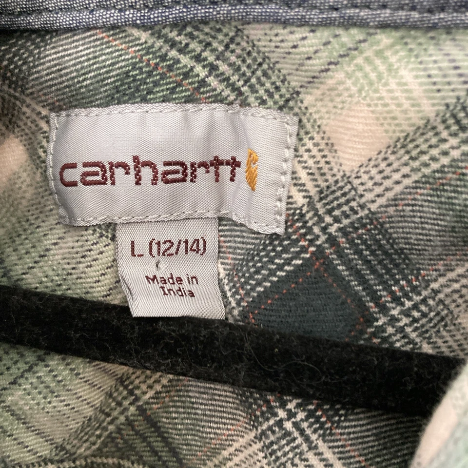 Cazadora Carhartt vintage para niños XL verde franela a cuadros L 12/14 capucha para exteriores Foto 4 de 4