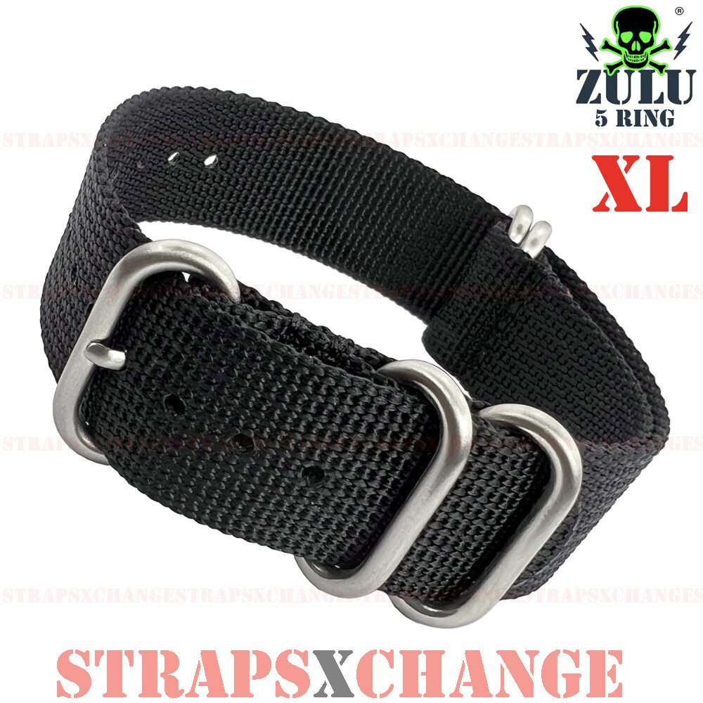 EXTRA LONG Premium ZULU® 5 Ring BLACK Military Diver's Watch Strap Band XL SS