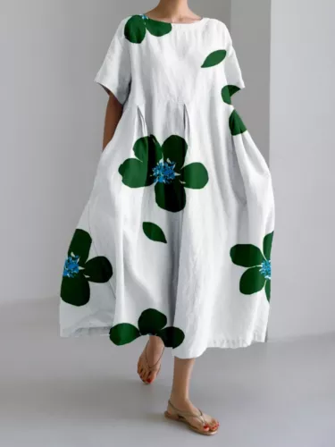 Damen Retro Rundhalsausschnitt Druck Kurzarm Rock Sommer Locker Lang Maxikleid - Bild 15 von 21