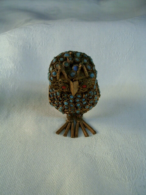 VINTAGE TIBETAN BRASS OWL FIGURE, INLAID TURQUOISE AND CORAL FILIGREE.