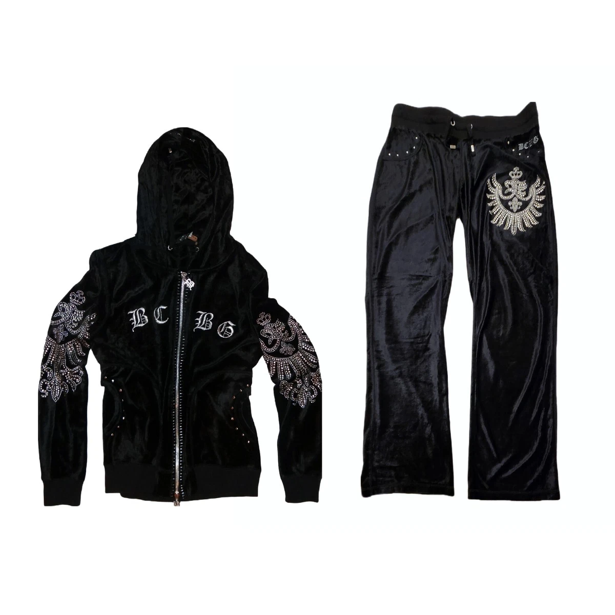 BCBG MaxAzria Women Tracksuit Pants u0026 Hoodie Set Black Rhinestones Velour L  | eBay