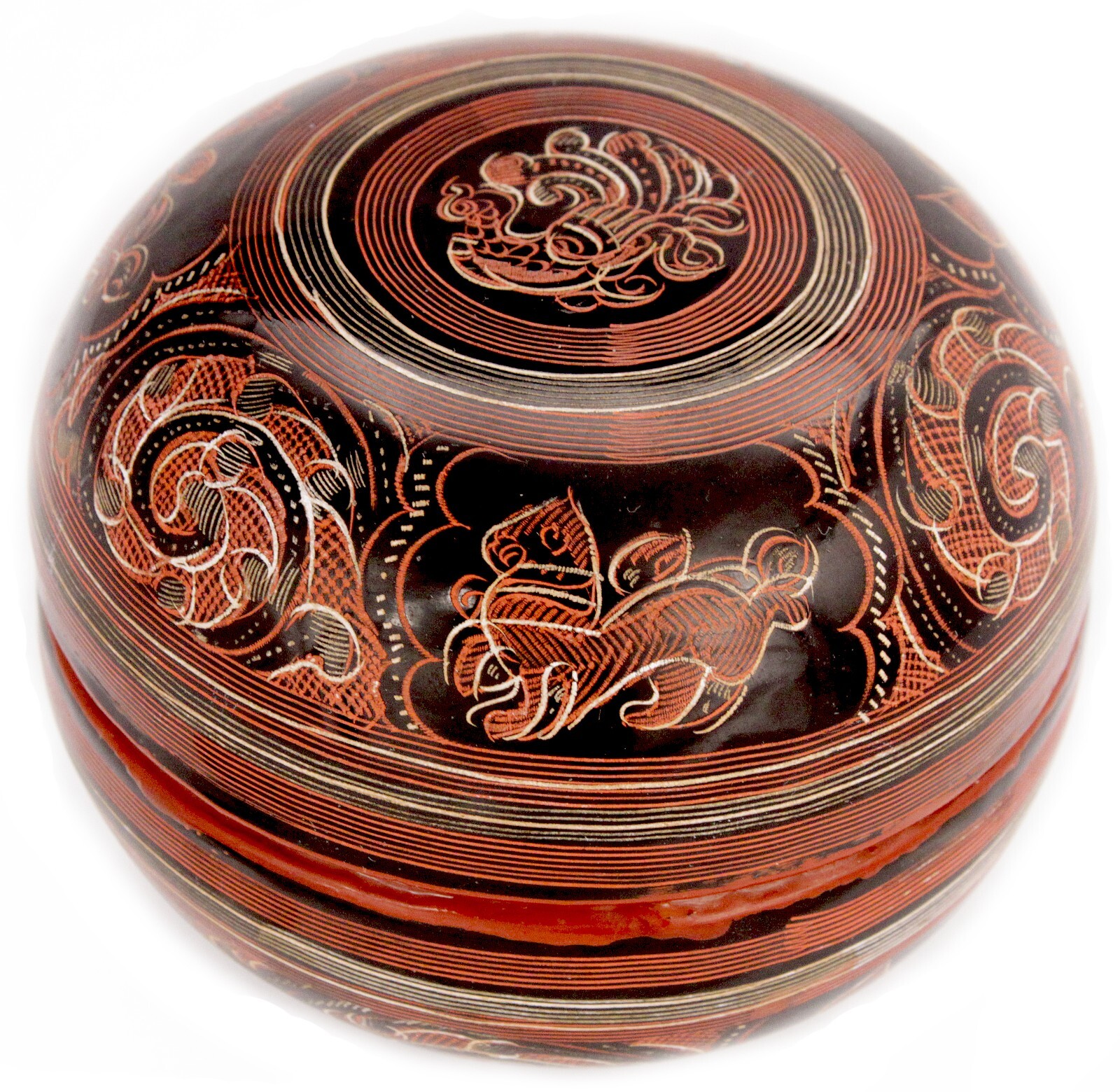 Vintage Burmese Etched Yun Lacquer Round Box Container Burma SE Asian Old