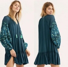 Free People Mix It Up Embroidered Jade Turquoise Long Sleeve Tunic Dress Small