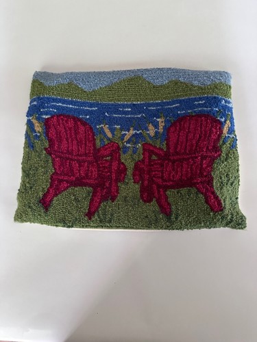 VTG Red Adirondack Lake Chair Hooked Wool Pillow 16” x 12” - Picture 9 of 14