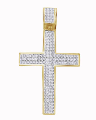 14k Yellow Gold Plated Men's Round Pave Simulated Mi Cross Pendant Charm .33 ct