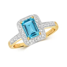 9ct Yellow Gold Blue Topaz and Diamond Cluster Ring, Sizes J to Q (240)