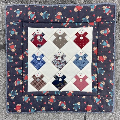 Vintage 90s Handmade Quilt Block Doll Patch Pattern Wall Art Sampler Blues Reds