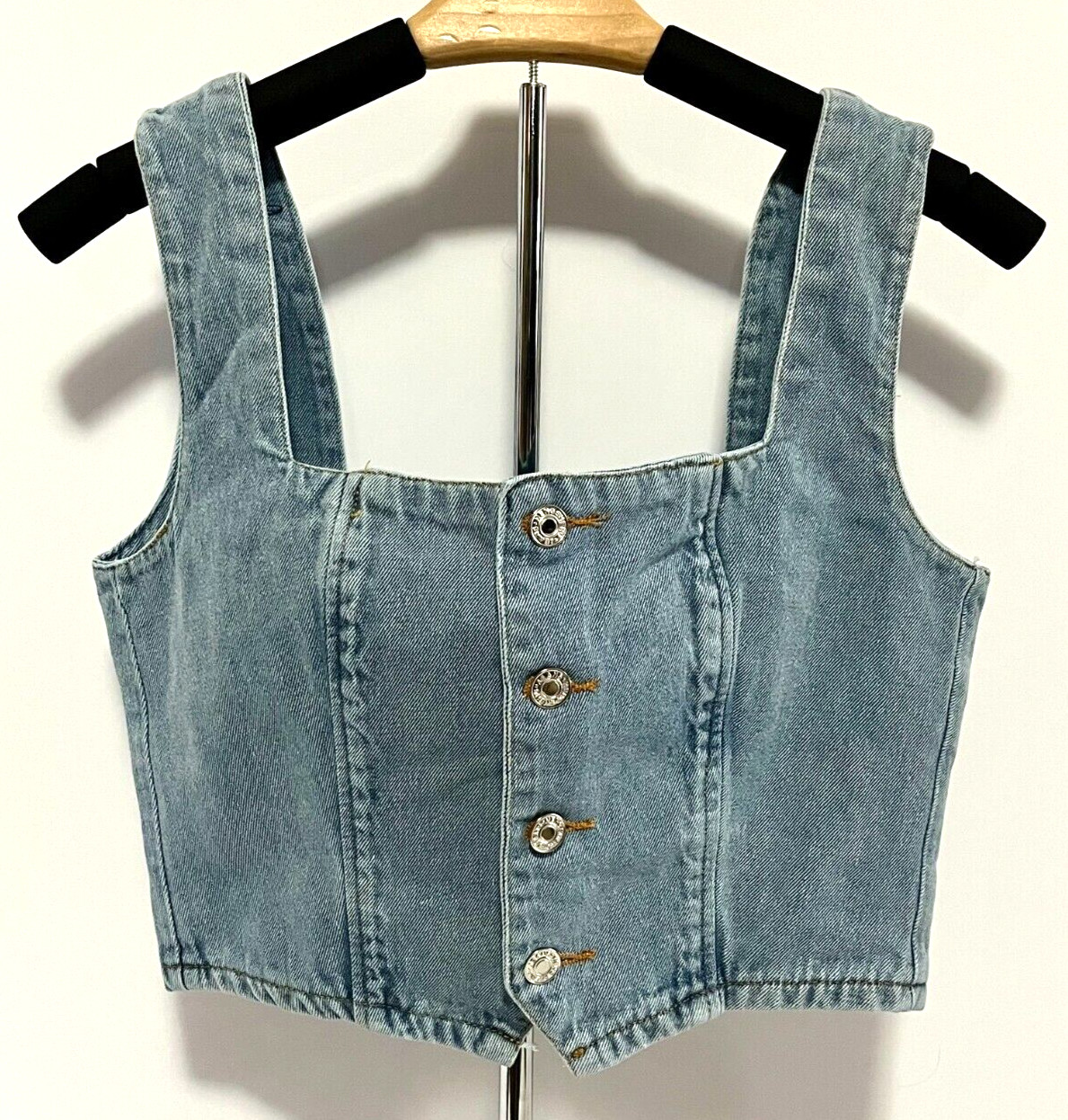 NEW Womens Denim Jean Cropped Button Front Tank Top Elastic 