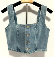 NEW Womens Denim Jean Cropped Button Front Tank Top Elastic Back Size M Summer
