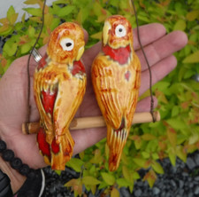 VTG MCM GRO0VY 60's-70'S MACRAME BIRDCAGE 2 CERAMIC CANARIES BOHO HANGING ART