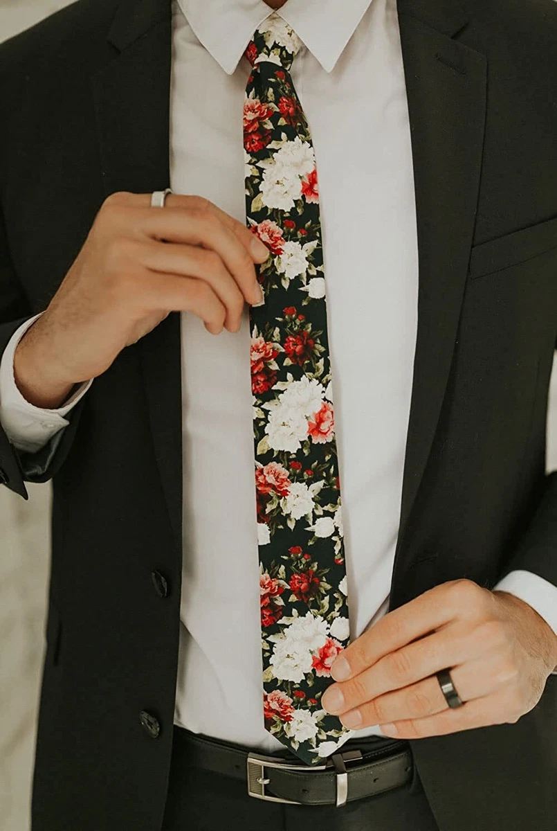 DAZI Men s Skinny Tie Floral Print Cotton Necktie Great for