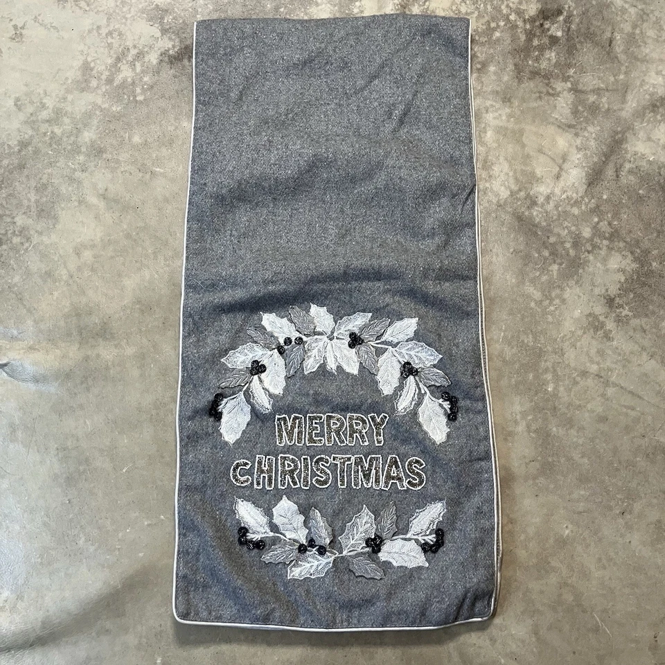 Nicole Miller Home Table Runner Merry Christmas Holiday Festive Gray Beaded - Image 2 of 4