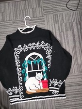 Vintage Spunky Made In USA Cat Print Black Sweater. 100 Acrylic