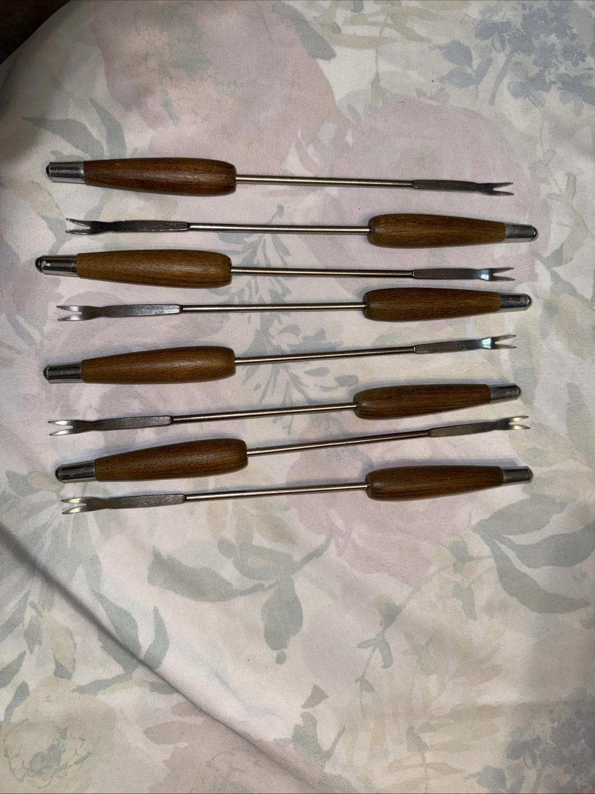 Set Of 8 Vintage Fondue Forks Wooden Handle Japan Stainless Steel