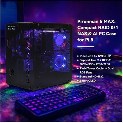 Pironman 5-MAX Raspberry Pi 5 Case with Dual NVMe M.2 Slots