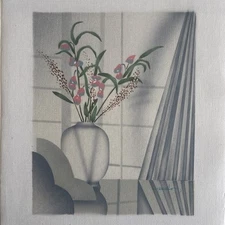 Vintage Airbrushed Canvas Art 1980s Style Vase Flowers Modernist 13.5x11 Signed