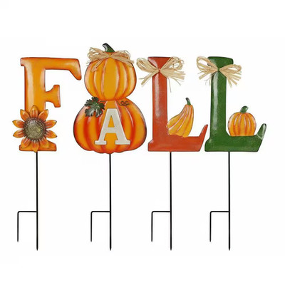4-Piece Autumn ''FALL'' Metal Yard Sign and Pumpkin Stakes Outdoor Garden Thanksgi