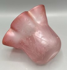 Antique Victorian Nouveau Cranberry Pink Frilled Acid Etched Glass Lamp Shade