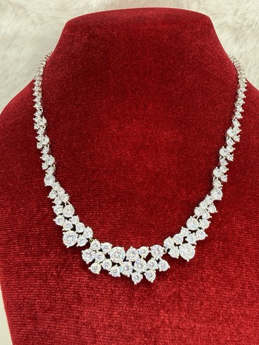 Silver Toned Cubic Zircon Cluster Tennis Choker Necklace With Floral Drop Center