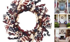 Burlap Patriotic Wreath for Front Door, 4th of July Independence Day Memorial