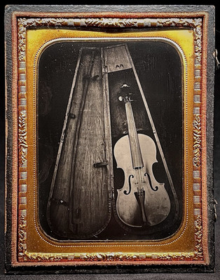 CONTEMPORARY  1/4 PLATE TINTYPE - BEAUTIFUL VIOLIN IN WOODEN CASE - IN HALF CASE
