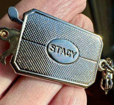 Vintage Double Pull Apart Keychain Valet Fob Gold Tone Engraved  STACY 