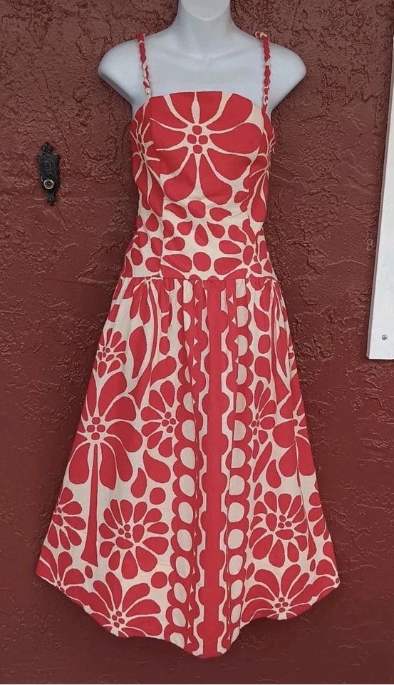 NWT Christian Lacroix Midi Farm Dress Rio Anthropologie  Linen Blend Size 4 Red - Image 3 of 4