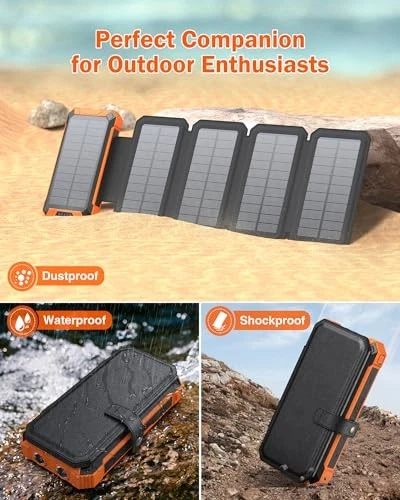 Portable 36800mAh Solar Power Bank with Wireless Charging & 5 Solar Panels