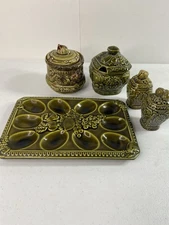 Vintage 1960s Egg Plate Sugar Grease Bowl Salt Pepper Shake Avocado Green Japan