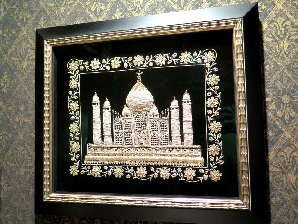 Textil ARTE Arquitectónico Taj Mahal Bordado Metálico Dorado Zardozi Sombra Marco Foto 2 de 4