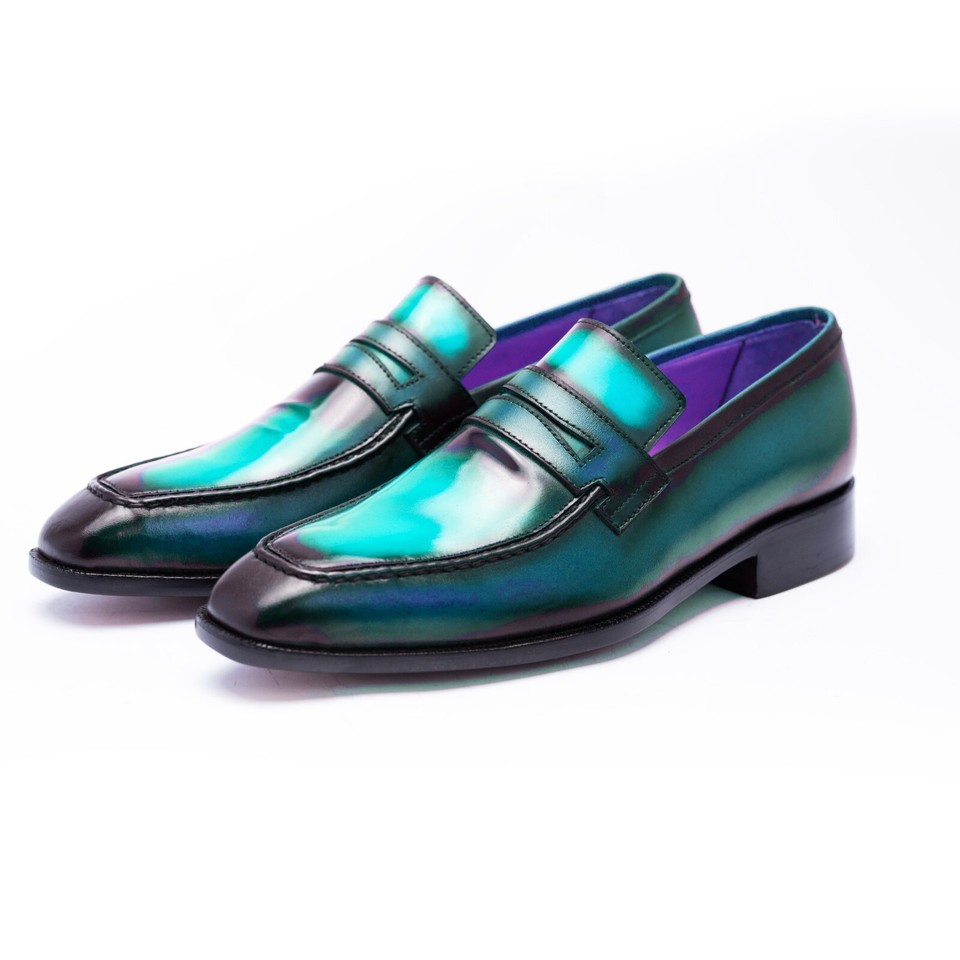 Handmade Leather Mens Aqua Green Moccasin Formal Loafer Slip On Shoes