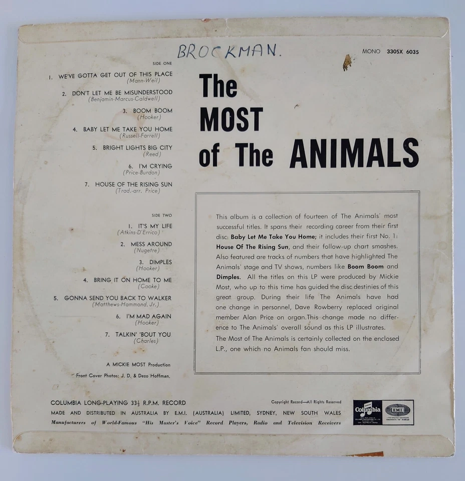 THE ANIMALS - THE MOST OF THE ANIMALS - MEGA RARE OSX 6035 MONO PRESS - 1965 VG+ - Image 3 of 4