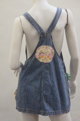 Handmade Upcycled Applique Denim Jean Overalls Cat and Flowers Dress - Picture 4 of 15
