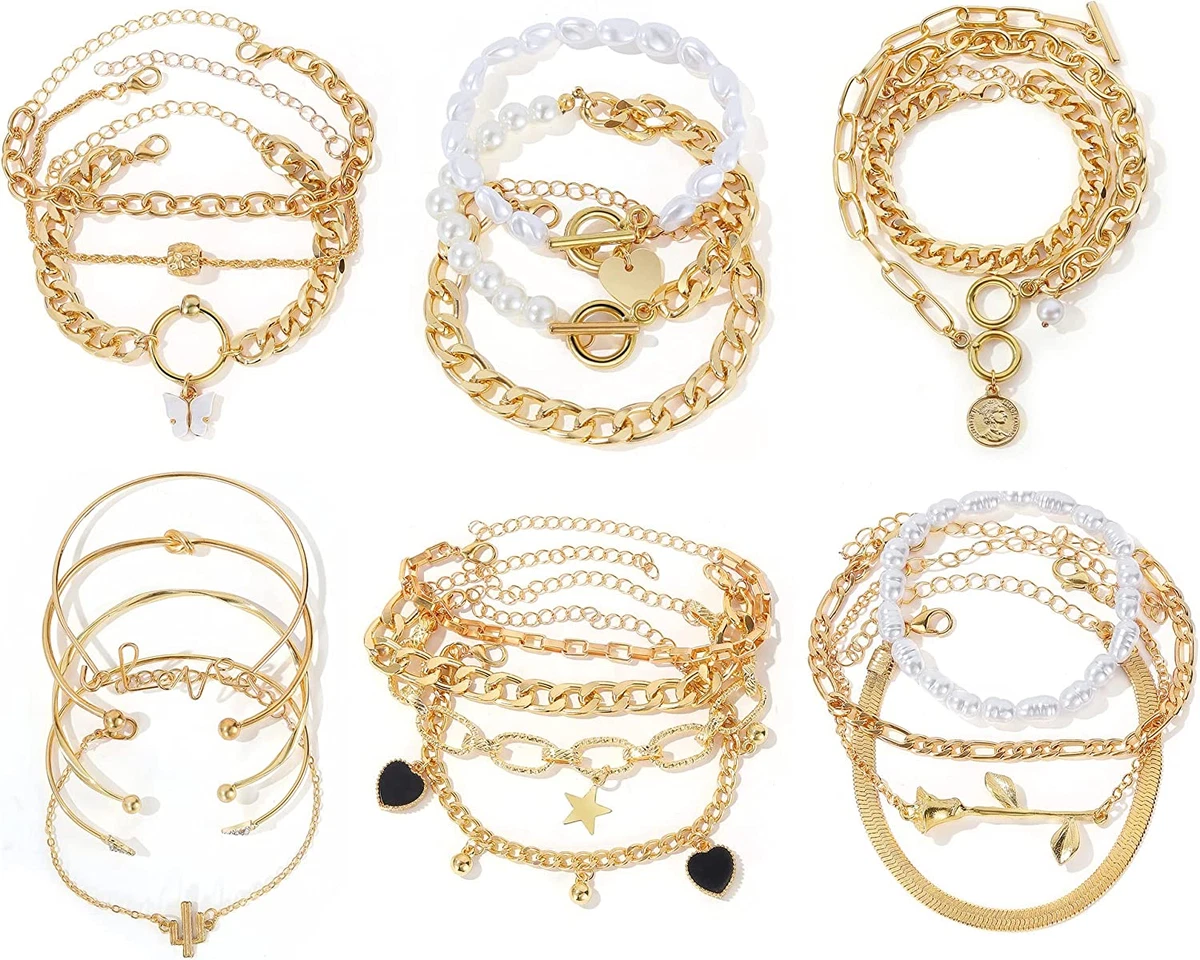 6 PACK 24 PCS Boho Gold Chain Bracelets Set for Women Girls 14K Gold Plated M