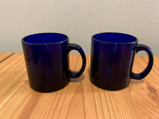 (2) Vintage Cobalt Blue Heavy Glass Mug 12 oz Coffee Teacup Made in USA